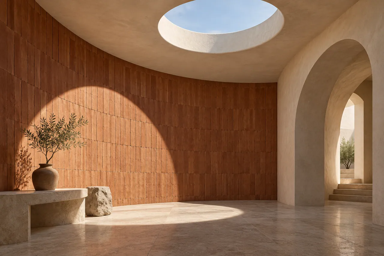 An architectural study of a curved terracotta wall meeting a cream plaster arch.