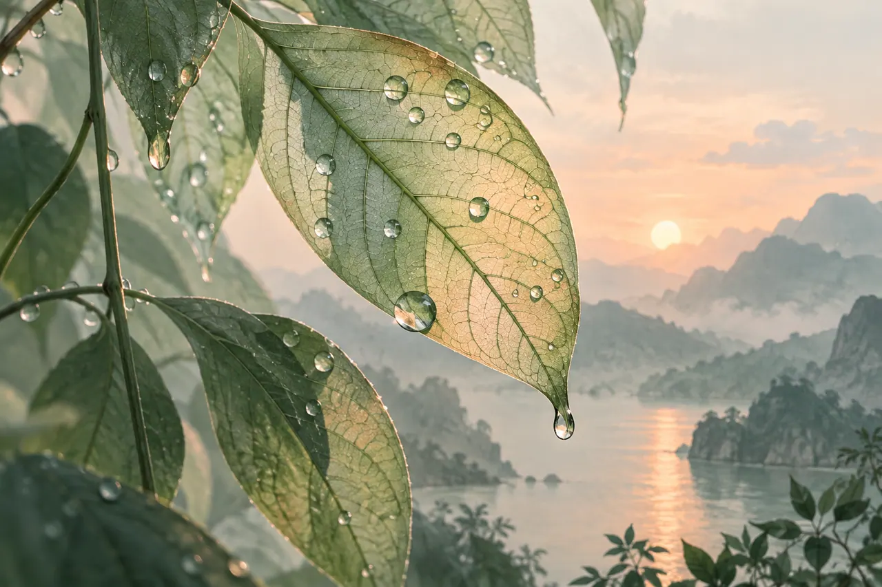 An art-directed close study of rain droplets on translucent leaves.
