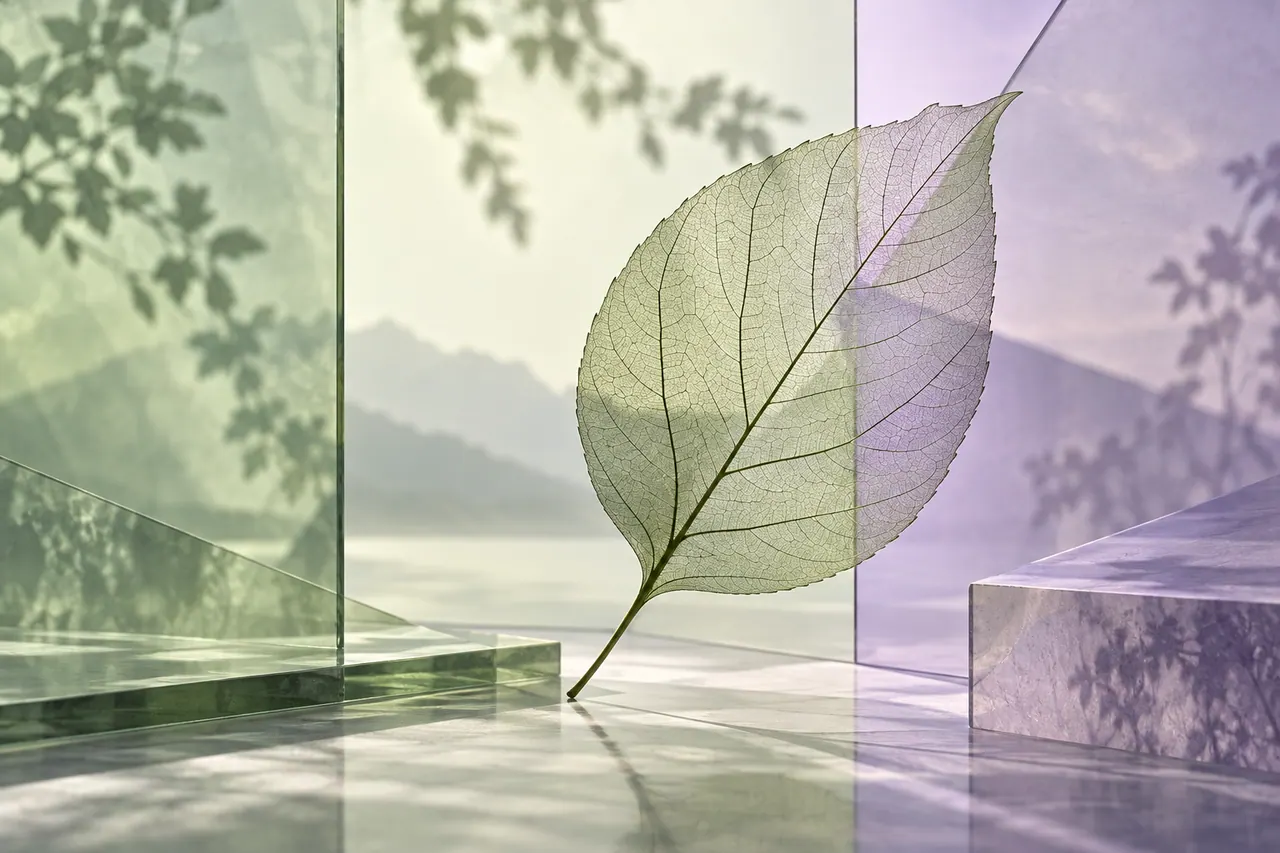 A translucent leaf silhouetted against overlapping pale green and lavender glass-like planes.